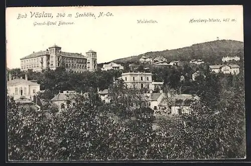 AK Bad Vöslau /N.-Oe., Grand-Hotel Bellevue, Waldvillen und Harzberg-Warte