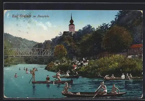 AK Bad Stiefern im Kamptale, Badeanstalt, Blick zum Kirchturm