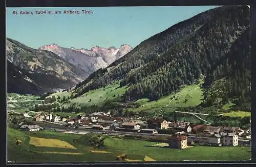 AK St. Anton am Arlberg, Gesamtansicht mit Bahnschienen aus der Vogelschau