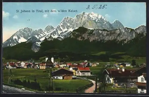 AK St. Johann i. T., Ortsansicht mit dem wilden Kaiser