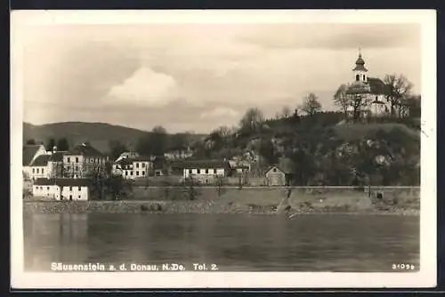 AK Säusenstein a. d. Donau, Panorama mit Kirche vom Wasser aus