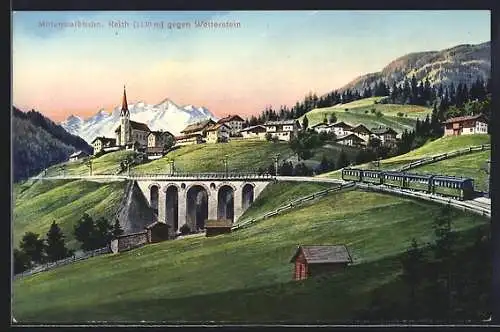 AK Reith /Mittenwaldbahn, Ortsansicht gegen Wetterstein mit Bahn-Viadukt u. Bahn