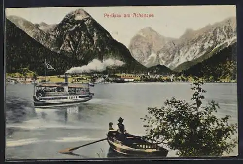 AK Pertisau am Achensee, Ortspanorama mit Dampfer und Ruderpartie