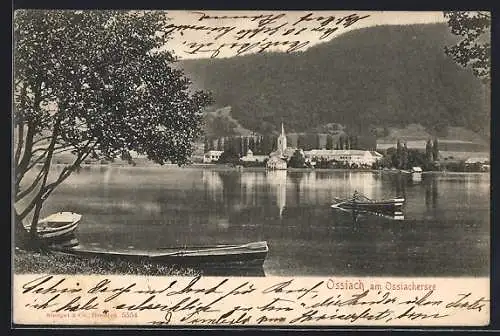 AK Ossiach a. Ossiachersee, Idylle am See mit Ruderbooten und Blick nach der Kirche