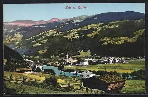 AK Zell a. Ziller, Ortsansicht mit Bergpanorama