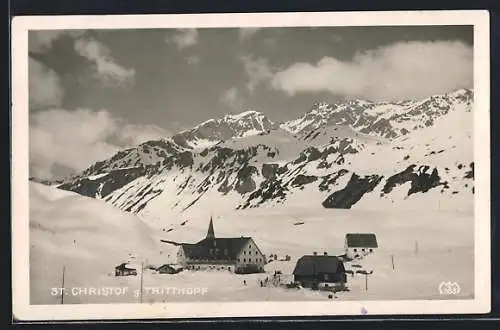 AK St. Christof, Ortsansicht im Winter gegen Trittkopf