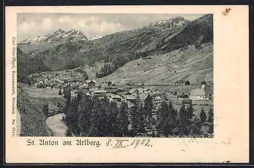 AK St. Anton am Arlberg, Gesamtansicht mit Fluss und Bergpanorama