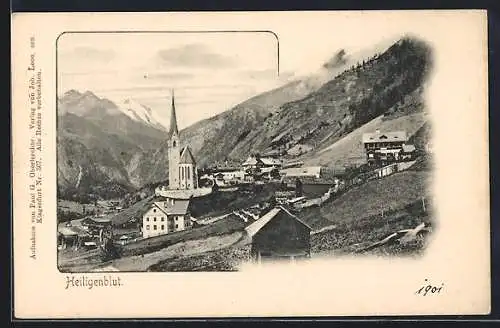 AK Heiligenblut, Ortsansicht mit Kirche und Bergblick