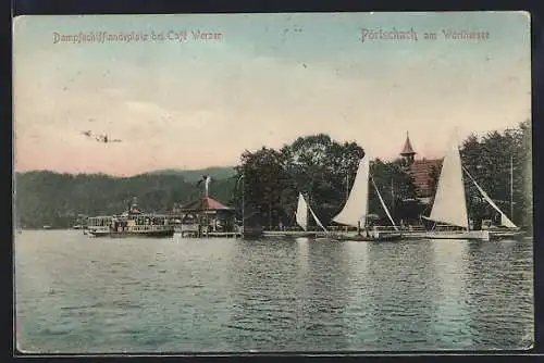 AK Pörtschach am Wörthersee, Dampfschifflandeplatz bei Cafe Werzer, vom Wasser gesehen