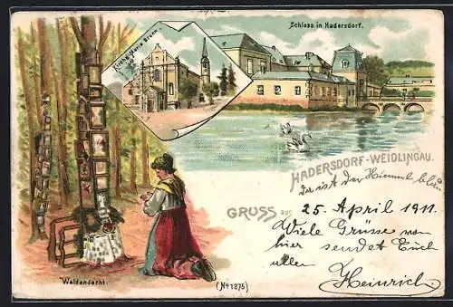 Lithographie Hadersdorf-Weidlingau, Kirche Maria Brunn, Schloss und Waldandacht