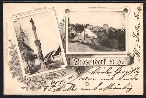 AK Drosendorf /N.-Oe., Rolandsäule aus dem 14. Jahrhundert, Östliches Stadttor