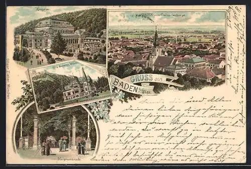 Lithographie Baden, Kursalon, Villa Erzherzog Wilhelm, Kurpromenade