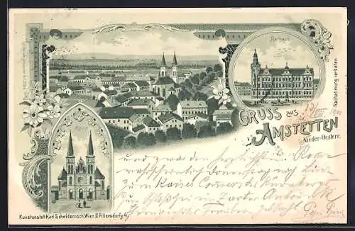 Lithographie Amstetten, Kirche, Rathaus, Gesamtansicht