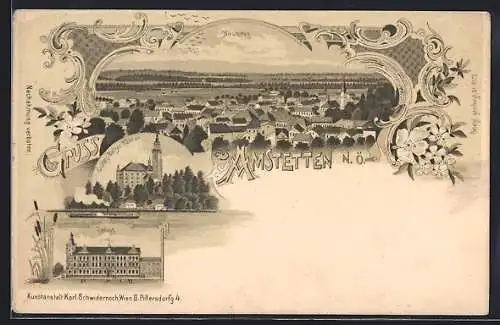 Lithographie Amstetten, Rathaus, Schloss Wallsee, Gesamtansicht