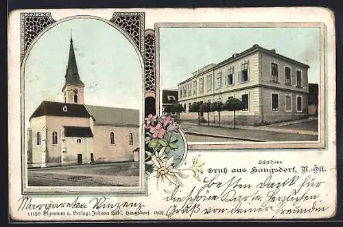 AK Haugsdorf, Blick auf Kirche und Schulhaus