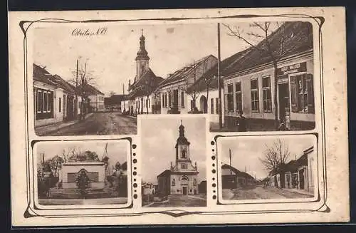 AK Obritz /N. Ö., Strassenpartie mit Gemischtwaren Adolf Walcher, Kriegerdenkmal, Kirche