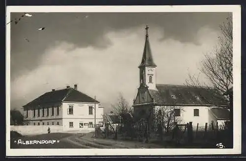 AK Alberndorf im Pulkautal, Kirche mit Strassenpartie