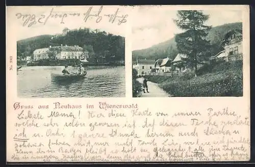 AK Neuhaus /Wienerwald, Flusspartie mit Ruderboot, Ortspartie