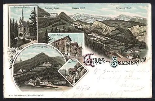 Lithographie Semmering, Kapelle, Hotel Waldhof und Schneeberg