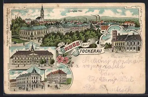 Lithographie Stockerau, Post, Convict, Rathaus & Totalansicht