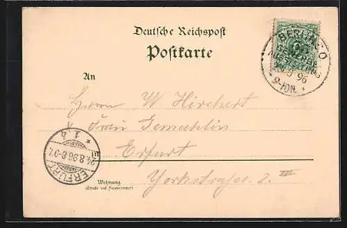 Lithographie Berlin, Gewerbe-Ausstellung 1896, Gasthaus Spreewaldschänke, Haupt-Ausstellungsgebäude und Wasserturm