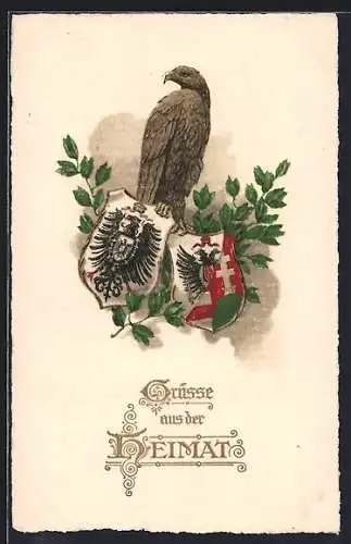 AK Grüsse aus der Heimat, Adler sitzt auf zwei Wappen