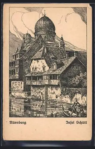 Künstler-AK Alt-Nürnberg, Insel Schütt mit Synagoge