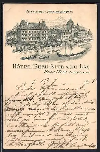 Lithographie Évian-les-Bains, Hotel Beau-Site & Du Lac, Henri Wenz propr.