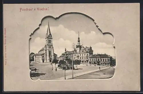 AK Kladno, Kirche und Rathaus im Sonnenschein