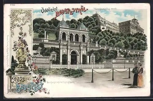 Lithographie Budapest, Burgbazar mit der Königlichen Burg