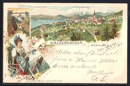 Lithographie Walzenhausen, Ortsansicht mit Bodensee gegen Vorarlberge