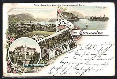 Lithographie Gmunden, Schloss Cumberland, Traunfall, Schloss Ort, Ortsansicht