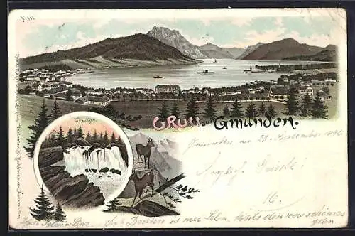 Lithographie Gmunden, Panorama mit Ort, See und Bergen, Traunfall