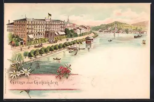Lithographie Gmunden, Uferpartie mit Hotel