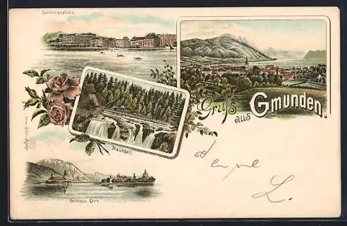 Lithographie Gmunden, Traunfall, Blick zum Landungsplatz, Schloss Ort