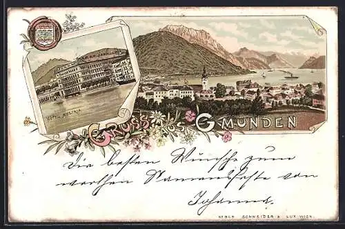 Lithographie Gmunden, Hotel Austria, Panoramablick auf den Ort