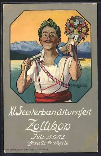 Künstler-AK Zollikon, XI. Seeverbandsturnfest 1913, Turner mit Füllhorn