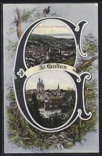 AK St. Gallen, Ortspartie, Totale des Ortes mit dem Bodensee, Buchstabe G