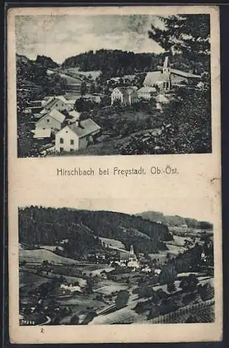 AK Hirschbach im Mühlkreis, Ortspartie mit Kirche, Gesamtansicht mit Umgebung aus der Vogelschau