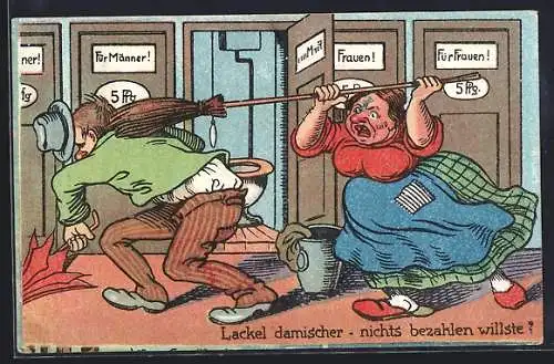 AK Klofrau bearbeitet Zechpreller mit dem Besen
