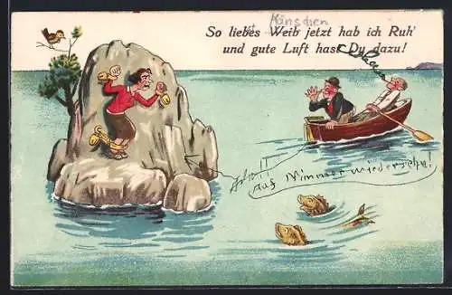 AK Ehemann hat seine Frau an einen Felsen im Meer gekettet