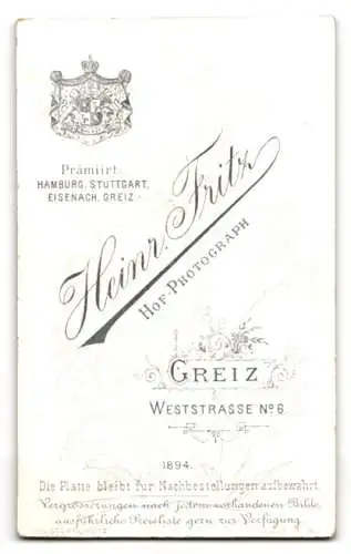 Fotografie H. Fritz, Greiz, Weststrasse 6, Porträt eines eleganten Herrn