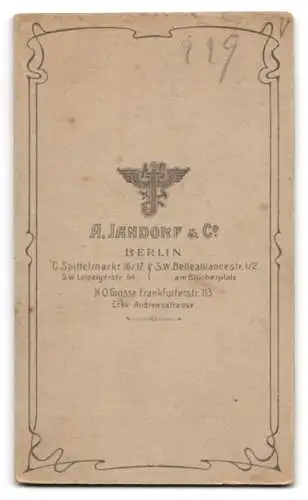 Fotografie A. Jandorf & Co., Berlin, Grosse Frankfurterstr. 113, Porträt einer Frau in gestreiftem Kleid