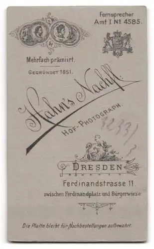 Fotografie Hahn’s Nachf., Dresden, Ferdinandstrasse 11, Porträt eines eleganten Mannes