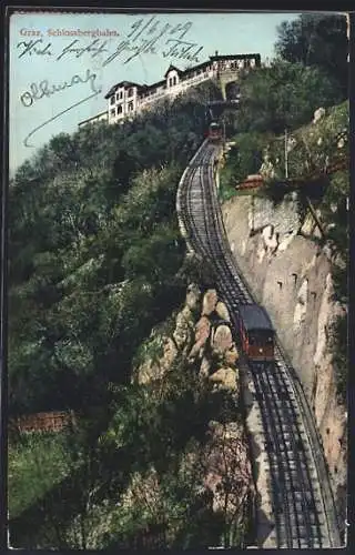 AK Graz, Schlossbergbahn, Blick auf Bergstation und Restaurant