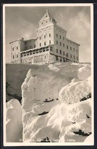 AK Riesengebirge, Schneegruben-Baude im Winter