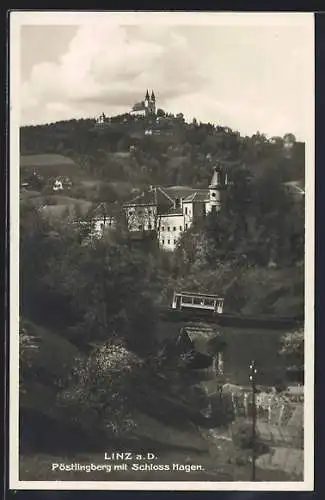 AK Linz, Bergbahn am Pöstlingberg mit Blick zum Schloss Hagen