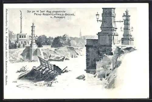 Lithographie München, Eingestürzte Prinz-Regent-Luitpold-Brücke 1899