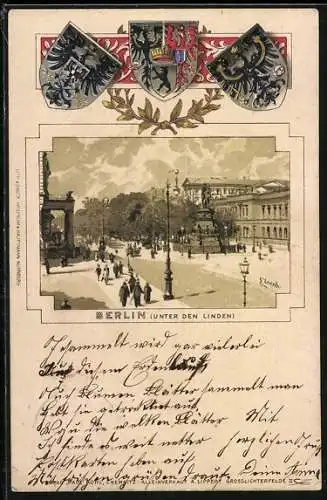 Passepartout-Lithographie Berlin, Unter den Linden, Wappen