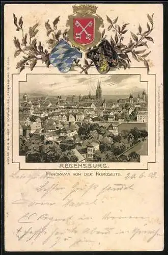 Passepartout-Lithographie Regensburg, Panorama des Ortes von der Nordseite, Wappen
